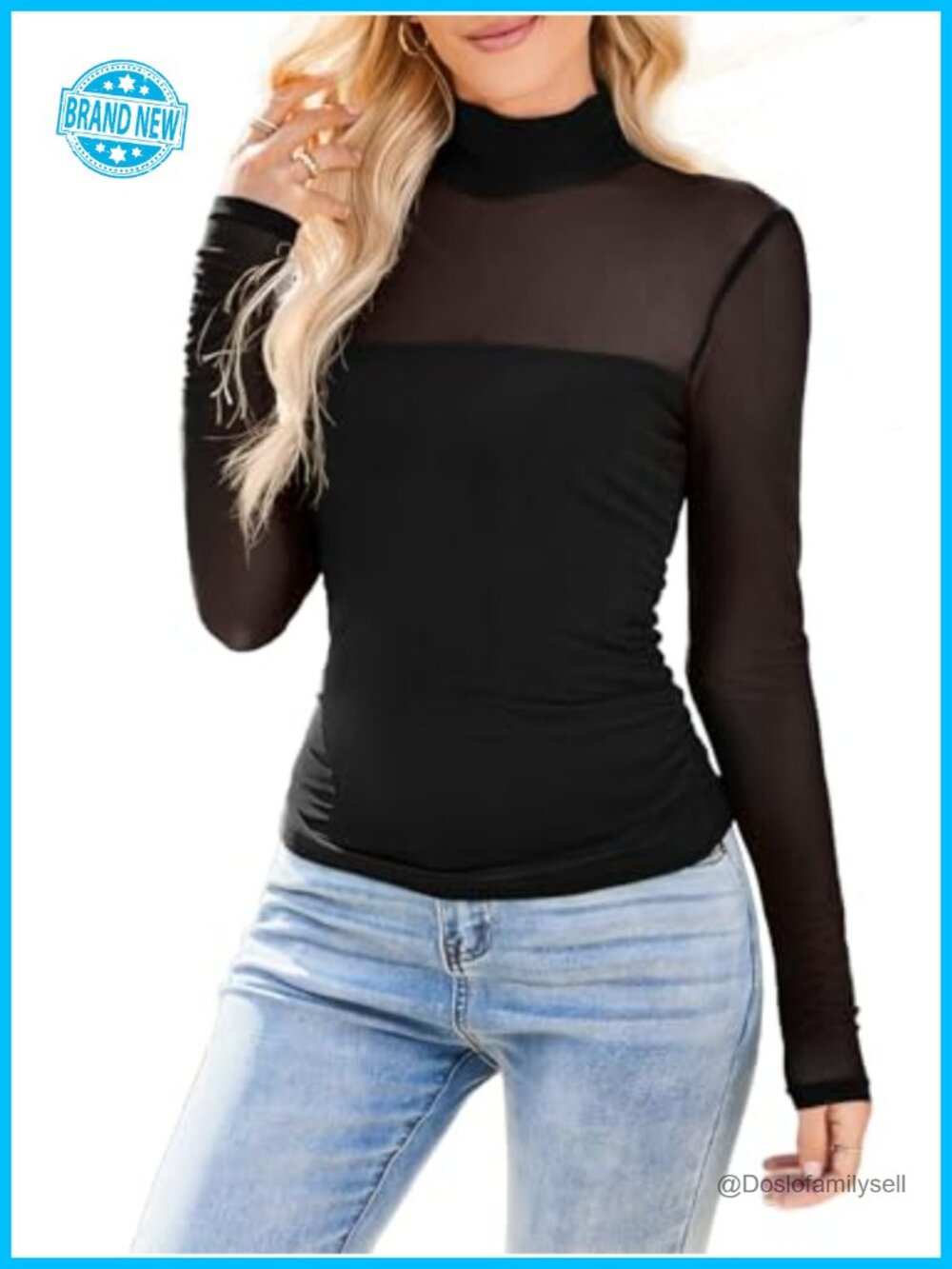 Women's Ruched Sheer Mesh High Neck Long Sleeve Blouse